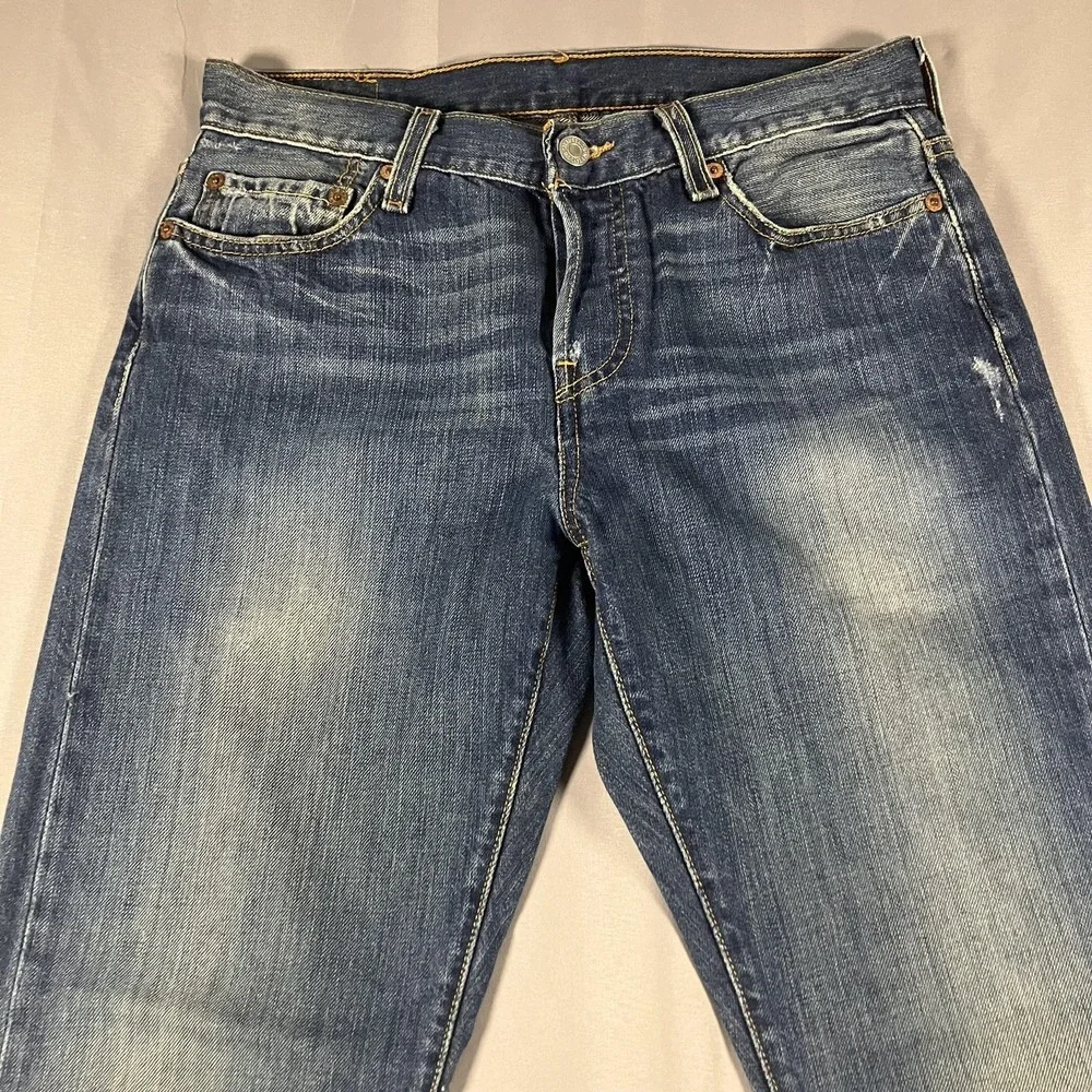 Levis 501 Jeans Mens 30x29 Blue Denim Button Fly Straight Leg Distressed Red Tab